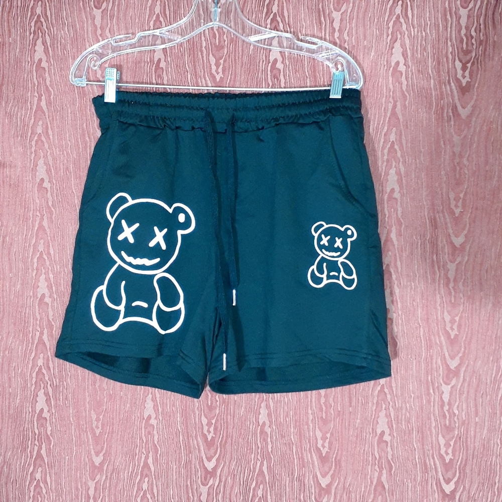 SHEIN NEW GUY BEAR Graphic Print  Hypemode Drawstring Black Shorts Sz M GAMER